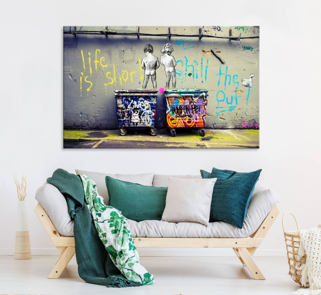 Banksy Life is Short Wall Art - Iconic Graffiti Art on Framed Ready-to-Hang Canvas - Street Art Inspired Decor