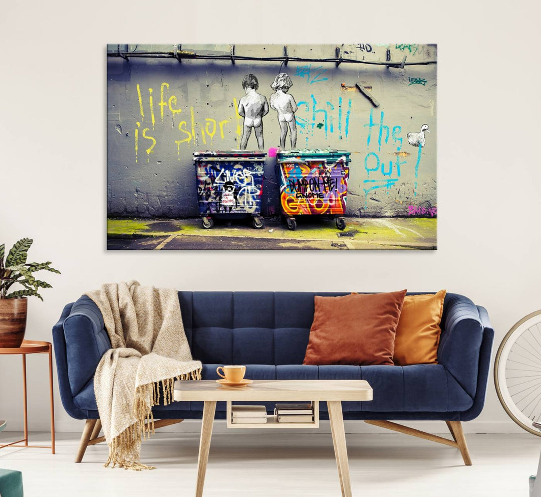 Banksy Life is Short Wall Art - Iconic Graffiti Art on Framed Ready-to-Hang Canvas - Street Art Inspired Decor