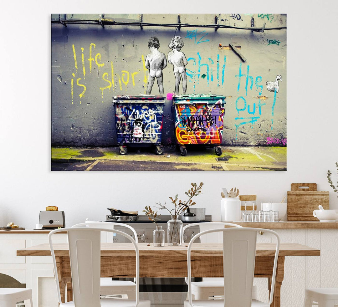 Banksy Life is Short Wall Art - Iconic Graffiti Art on Framed Ready-to-Hang Canvas - Street Art Inspired Decor