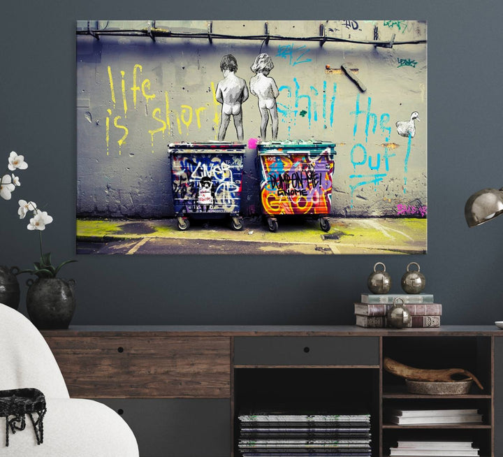 Banksy Life is Short Wall Art - Iconic Graffiti Art on Framed Ready-to-Hang Canvas - Street Art Inspired Decor