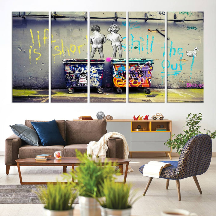 41810-MGV-CV-60X31-5P-Banksy Life is Short Wall Art - Iconic Graffiti Art on Framed Ready-to-Hang Canvas - Street Art Inspired Decor