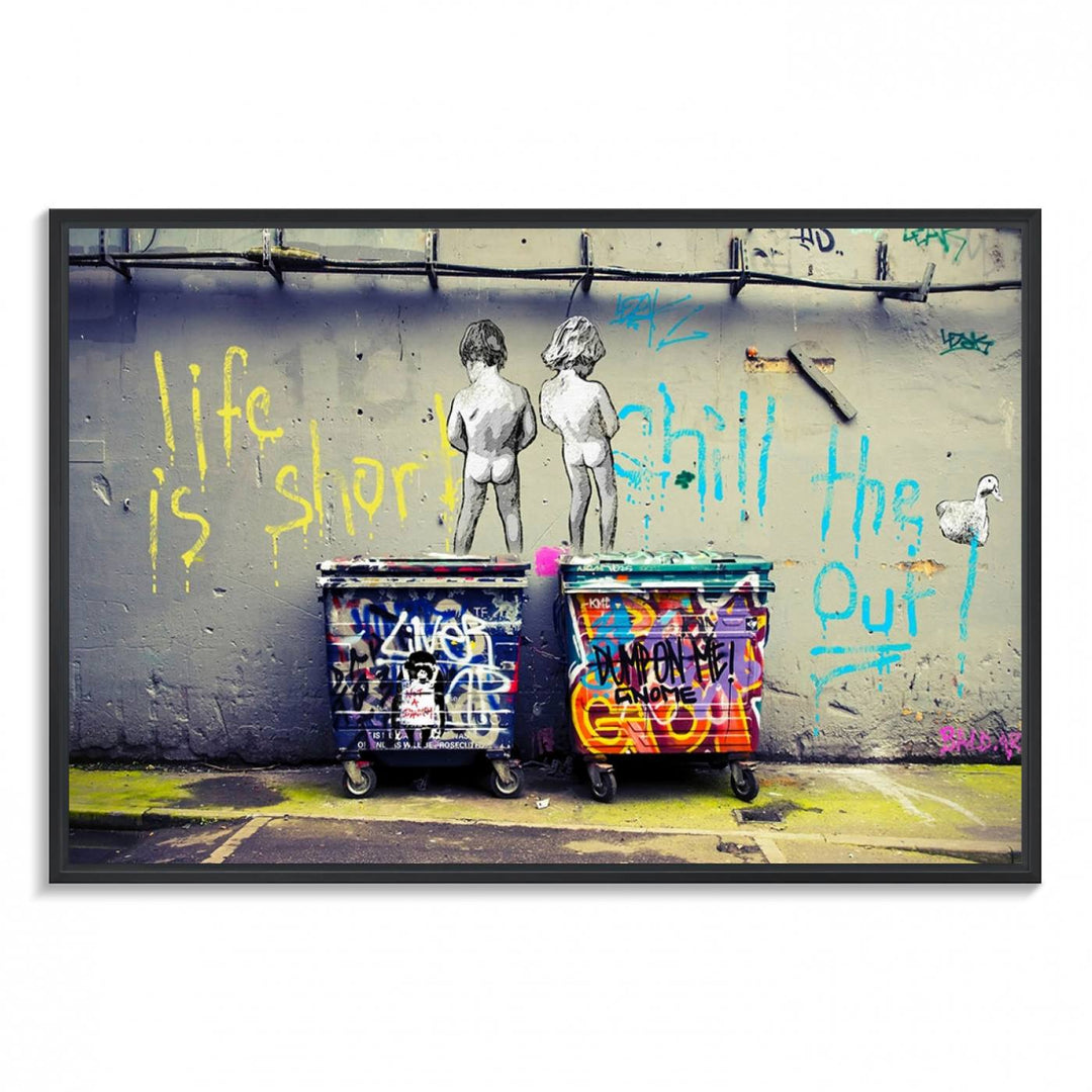 Banksy Life is Short Wall Art - Iconic Graffiti Art on Framed Ready-to-Hang Canvas - Street Art Inspired Decor