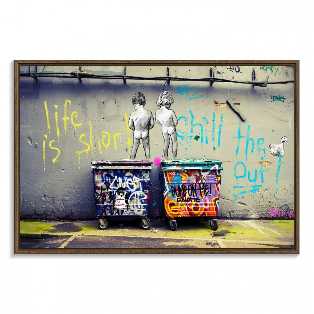 Banksy Life is Short Wall Art - Iconic Graffiti Art on Framed Ready-to-Hang Canvas - Street Art Inspired Decor