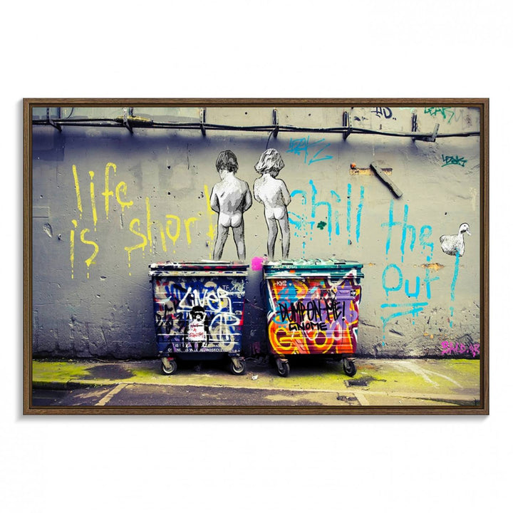 Banksy Life is Short Wall Art - Iconic Graffiti Art on Framed Ready-to-Hang Canvas - Street Art Inspired Decor