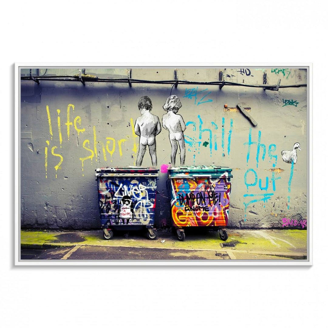 Banksy Life is Short Wall Art - Iconic Graffiti Art on Framed Ready-to-Hang Canvas - Street Art Inspired Decor