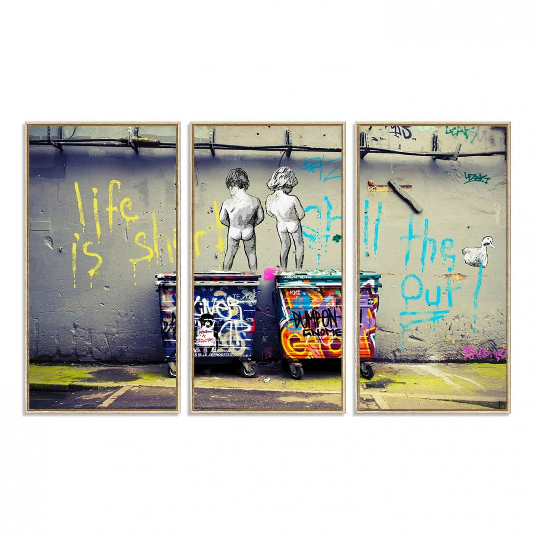 41810-MGV-FC-48X32-3P_Natural-Banksy Life is Short Wall Art - Iconic Graffiti Art on Framed Ready-to-Hang Canvas - Street Art Inspired Decor