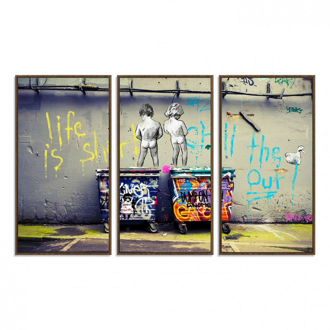 41810-MGV-FC-48X32-3P_Walnut-Banksy Life is Short Wall Art - Iconic Graffiti Art on Framed Ready-to-Hang Canvas - Street Art Inspired Decor