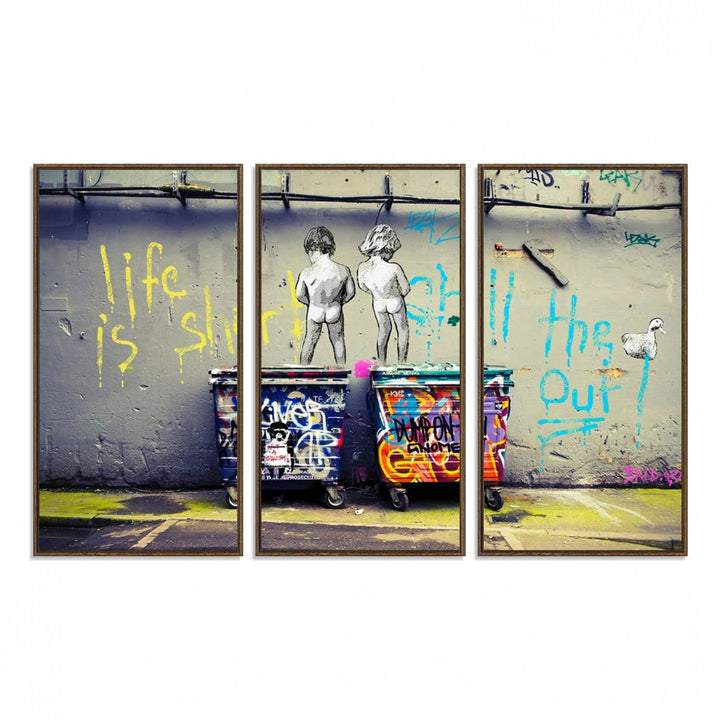 41810-MGV-FC-48X32-3P_Walnut-Banksy Life is Short Wall Art - Iconic Graffiti Art on Framed Ready-to-Hang Canvas - Street Art Inspired Decor