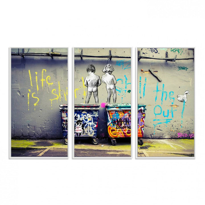 41810-MGV-FC-48X32-3P_White-Banksy Life is Short Wall Art - Iconic Graffiti Art on Framed Ready-to-Hang Canvas - Street Art Inspired Decor