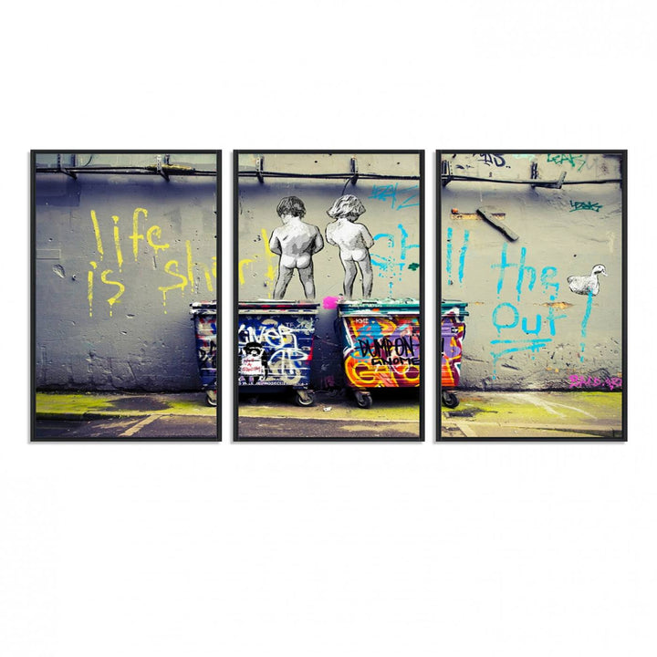 41810-MGV-FC-60X30-3P_Black-Banksy Life is Short Wall Art - Iconic Graffiti Art on Framed Ready-to-Hang Canvas - Street Art Inspired Decor