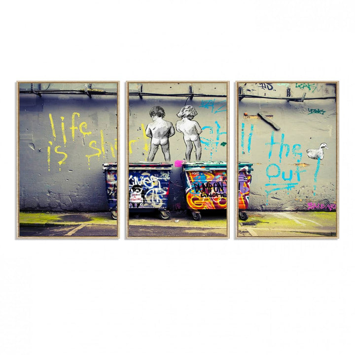 41810-MGV-FC-60X30-3P_Natural-Banksy Life is Short Wall Art - Iconic Graffiti Art on Framed Ready-to-Hang Canvas - Street Art Inspired Decor