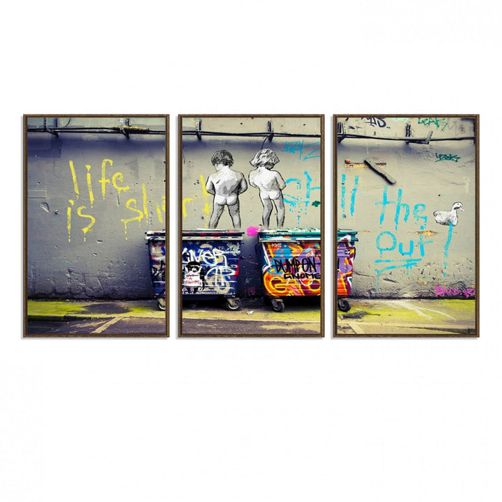 41810-MGV-FC-60X30-3P_Walnut-Banksy Life is Short Wall Art - Iconic Graffiti Art on Framed Ready-to-Hang Canvas - Street Art Inspired Decor