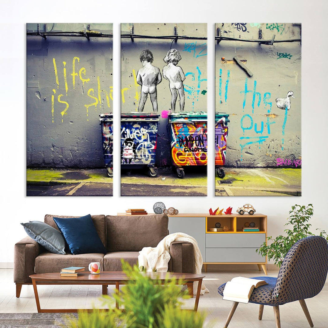 Banksy Life is Short Wall Art - Iconic Graffiti Art on Framed Ready-to-Hang Canvas - Street Art Inspired Decor
