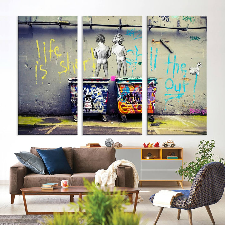 Banksy Life is Short Wall Art - Iconic Graffiti Art on Framed Ready-to-Hang Canvas - Street Art Inspired Decor
