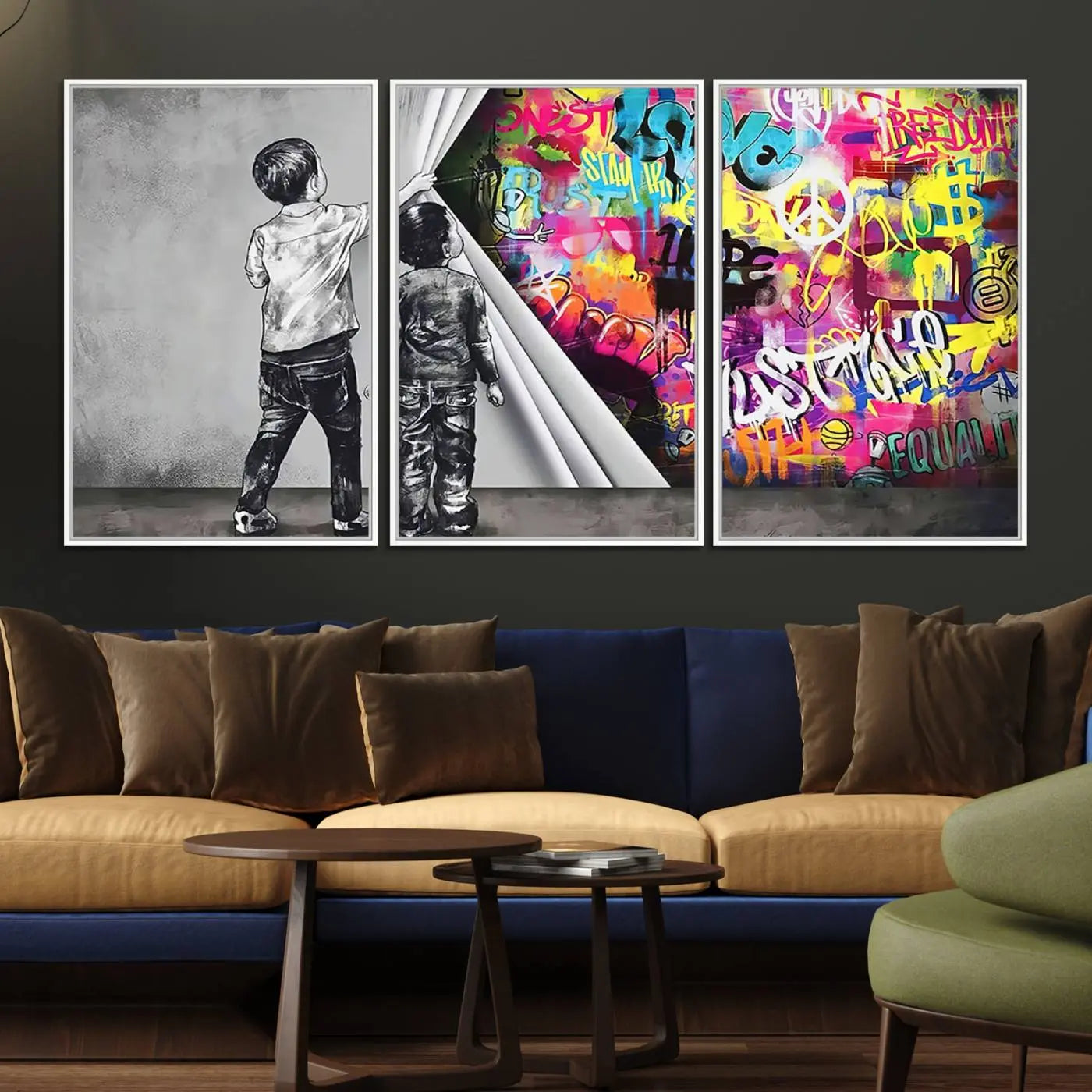 92809-MGV-FC-60X30-3P_White-Banksy Print - Street Art Canvas Wall Art - Kids Revealing Graffiti, Urban Modern Decor for Living Room, Vibrant and Bold Artwork, Ready to