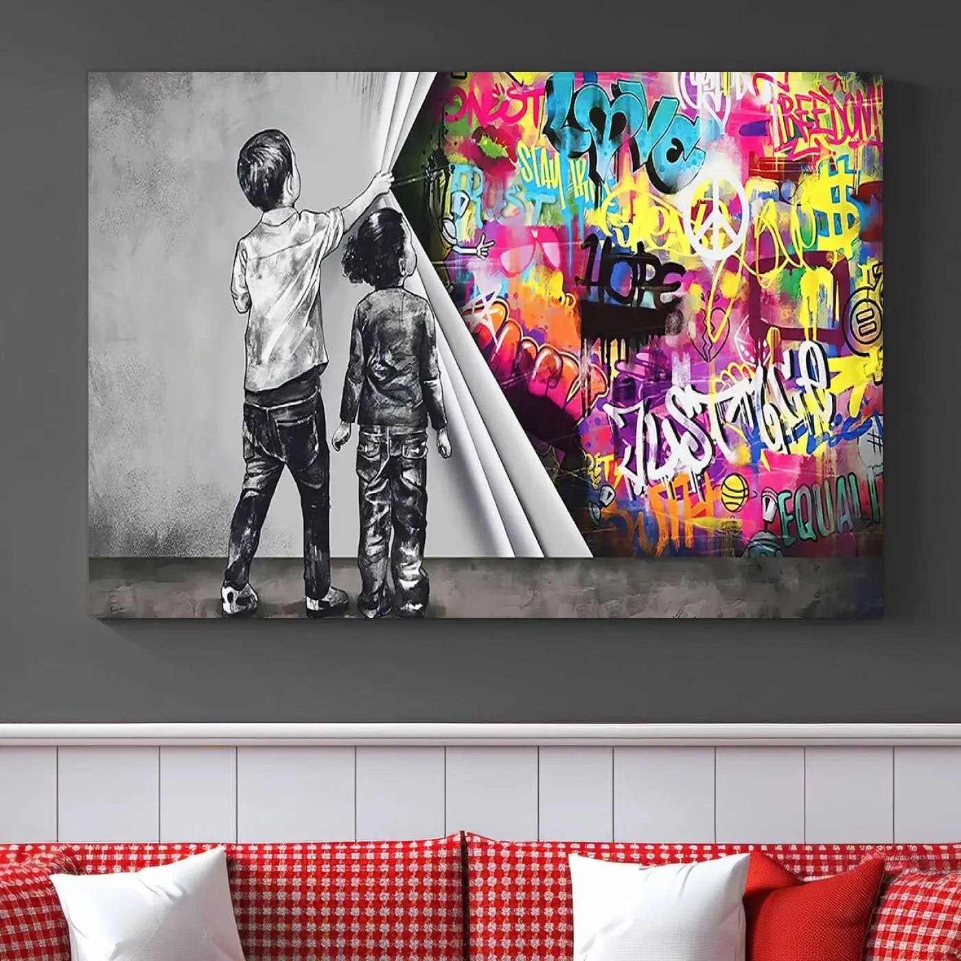 Banksy Print - Street Art Canvas Wall Art - Kids Revealing Graffiti, Urban Modern Decor for Living Room, Vibrant and Bold Artwork, Ready to