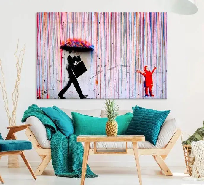 Introducing the Banksy Street Art Wall Art Canvas Print, a captivating piece featuring modern art of a man with an umbrella while a child reaches up through vibrant drips. Its premium canvas and gallery-quality finish make it an eye-catching addition to any space.