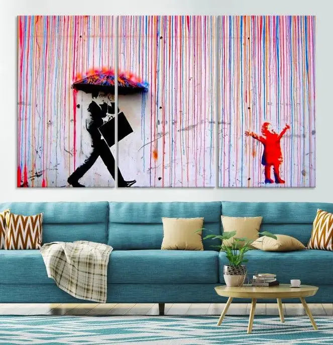 Introducing the Banksy Street Art Wall Art Canvas Print, a captivating piece featuring modern art of a man with an umbrella while a child reaches up through vibrant drips. Its premium canvas and gallery-quality finish make it an eye-catching addition to any space.