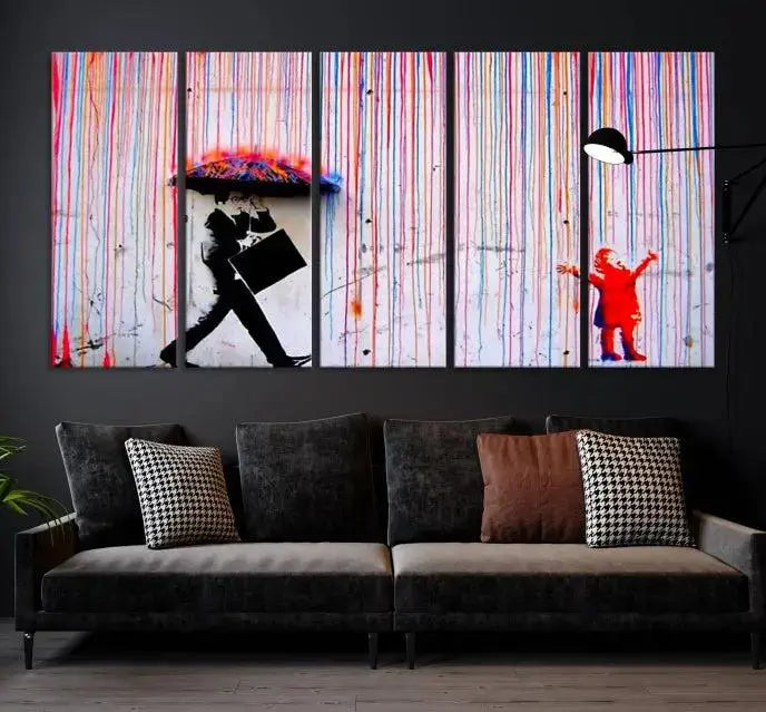 Introducing the Banksy Street Art Wall Art Canvas Print, a captivating piece featuring modern art of a man with an umbrella while a child reaches up through vibrant drips. Its premium canvas and gallery-quality finish make it an eye-catching addition to any space.