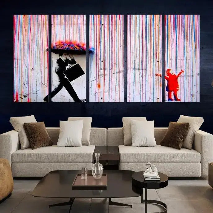 Introducing the Banksy Street Art Wall Art Canvas Print, a captivating piece featuring modern art of a man with an umbrella while a child reaches up through vibrant drips. Its premium canvas and gallery-quality finish make it an eye-catching addition to any space.