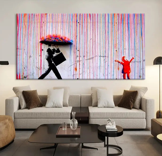 Introducing the Banksy Street Art Wall Art Canvas Print, a captivating piece featuring modern art of a man with an umbrella while a child reaches up through vibrant drips. Its premium canvas and gallery-quality finish make it an eye-catching addition to any space.