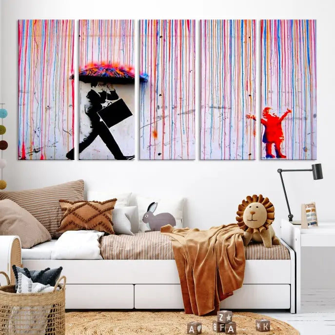 Introducing the Banksy Street Art Wall Art Canvas Print, a captivating piece featuring modern art of a man with an umbrella while a child reaches up through vibrant drips. Its premium canvas and gallery-quality finish make it an eye-catching addition to any space.