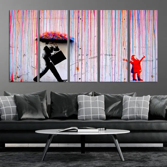 Introducing the Banksy Street Art Wall Art Canvas Print, a captivating piece featuring modern art of a man with an umbrella while a child reaches up through vibrant drips. Its premium canvas and gallery-quality finish make it an eye-catching addition to any space.