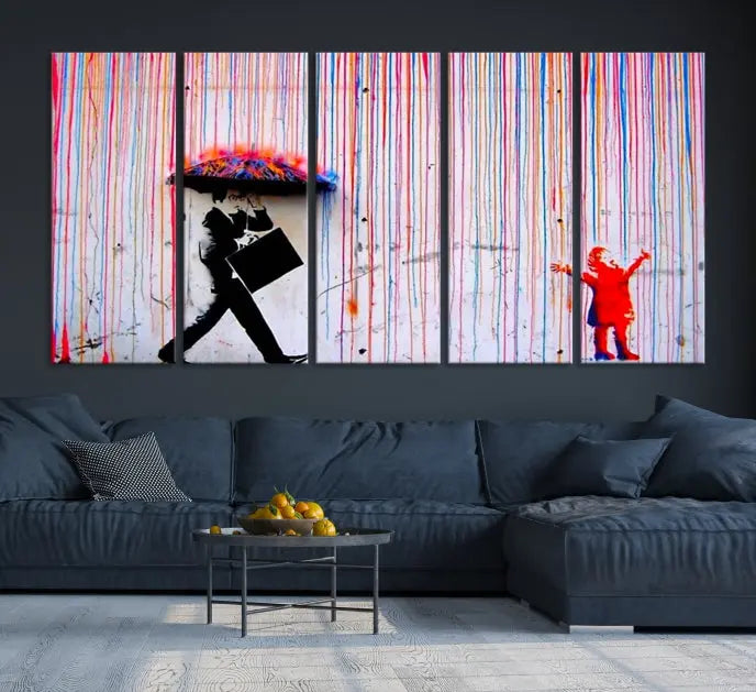 Introducing the Banksy Street Art Wall Art Canvas Print, a captivating piece featuring modern art of a man with an umbrella while a child reaches up through vibrant drips. Its premium canvas and gallery-quality finish make it an eye-catching addition to any space.