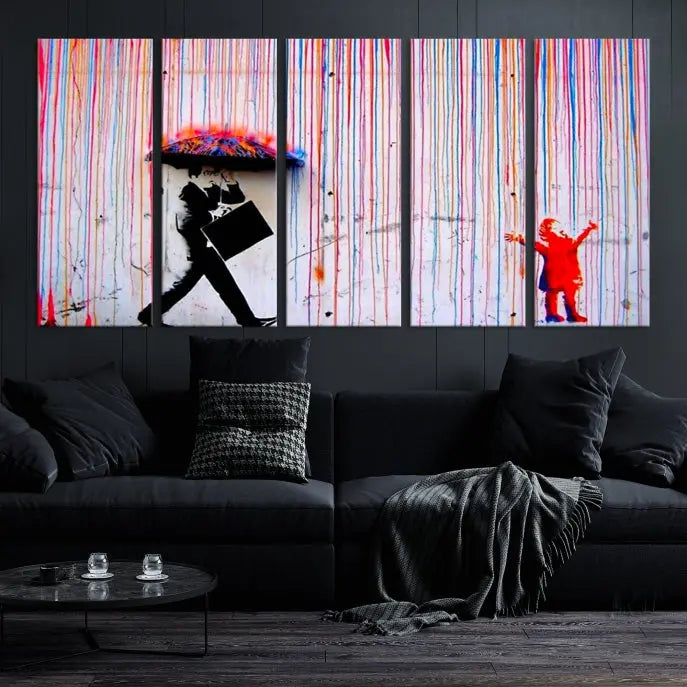 Introducing the Banksy Street Art Wall Art Canvas Print, a captivating piece featuring modern art of a man with an umbrella while a child reaches up through vibrant drips. Its premium canvas and gallery-quality finish make it an eye-catching addition to any space.