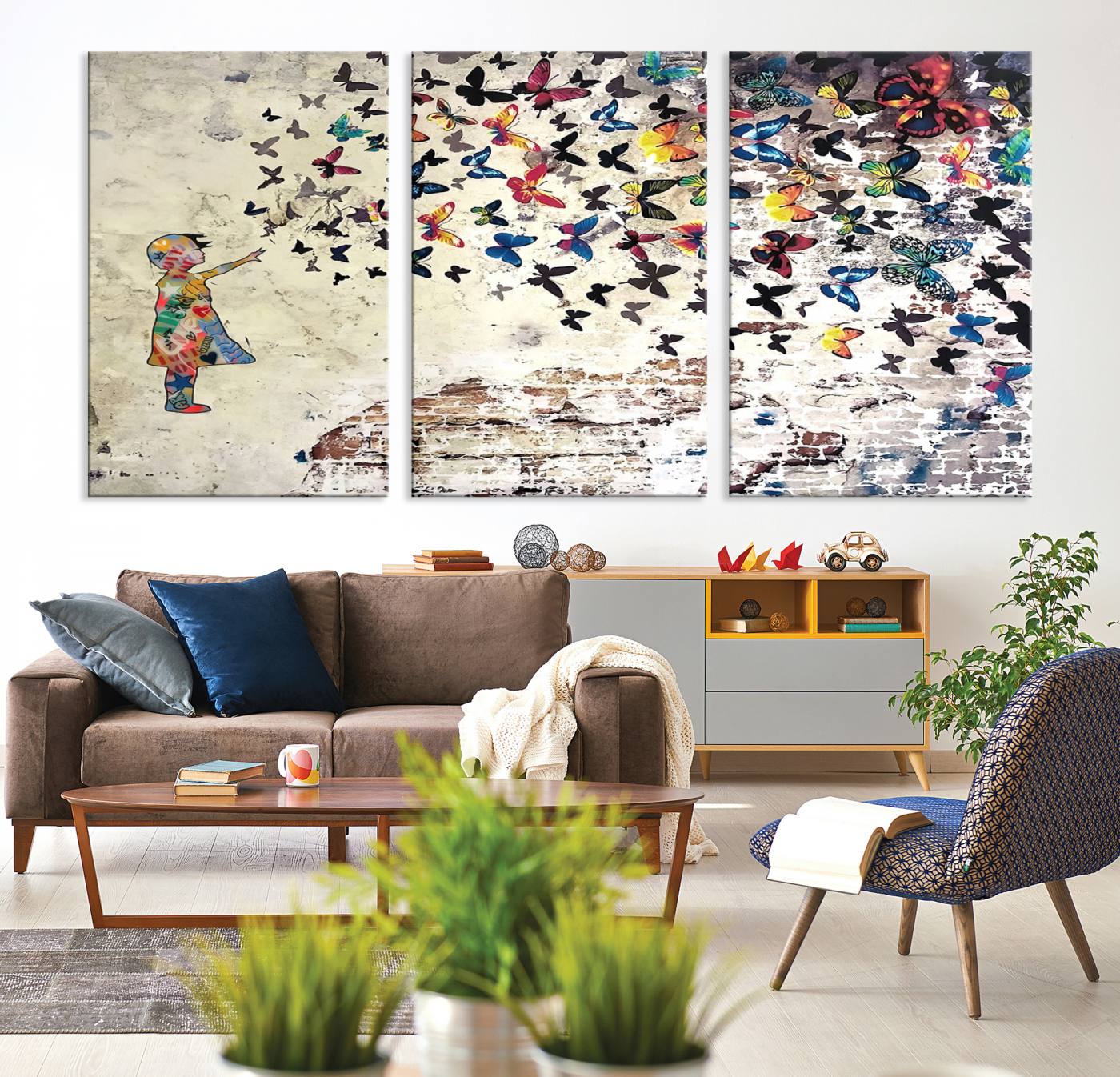 65208-MGV-CV-36X24-Banksy Wall Art - Banksy Girl Butterfly Graffiti Wall Art Canvas Print - Butterfly Girl and Freedom Flight - Vibrant Street Art Print