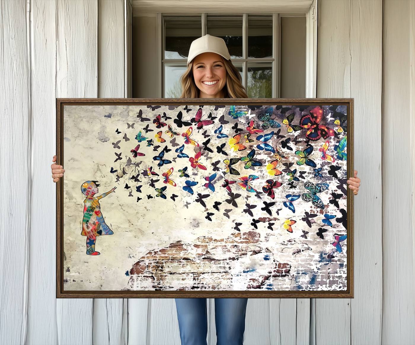 65208-MGV-CV-36X24-Banksy Wall Art - Banksy Girl Butterfly Graffiti Wall Art Canvas Print - Butterfly Girl and Freedom Flight - Vibrant Street Art Print