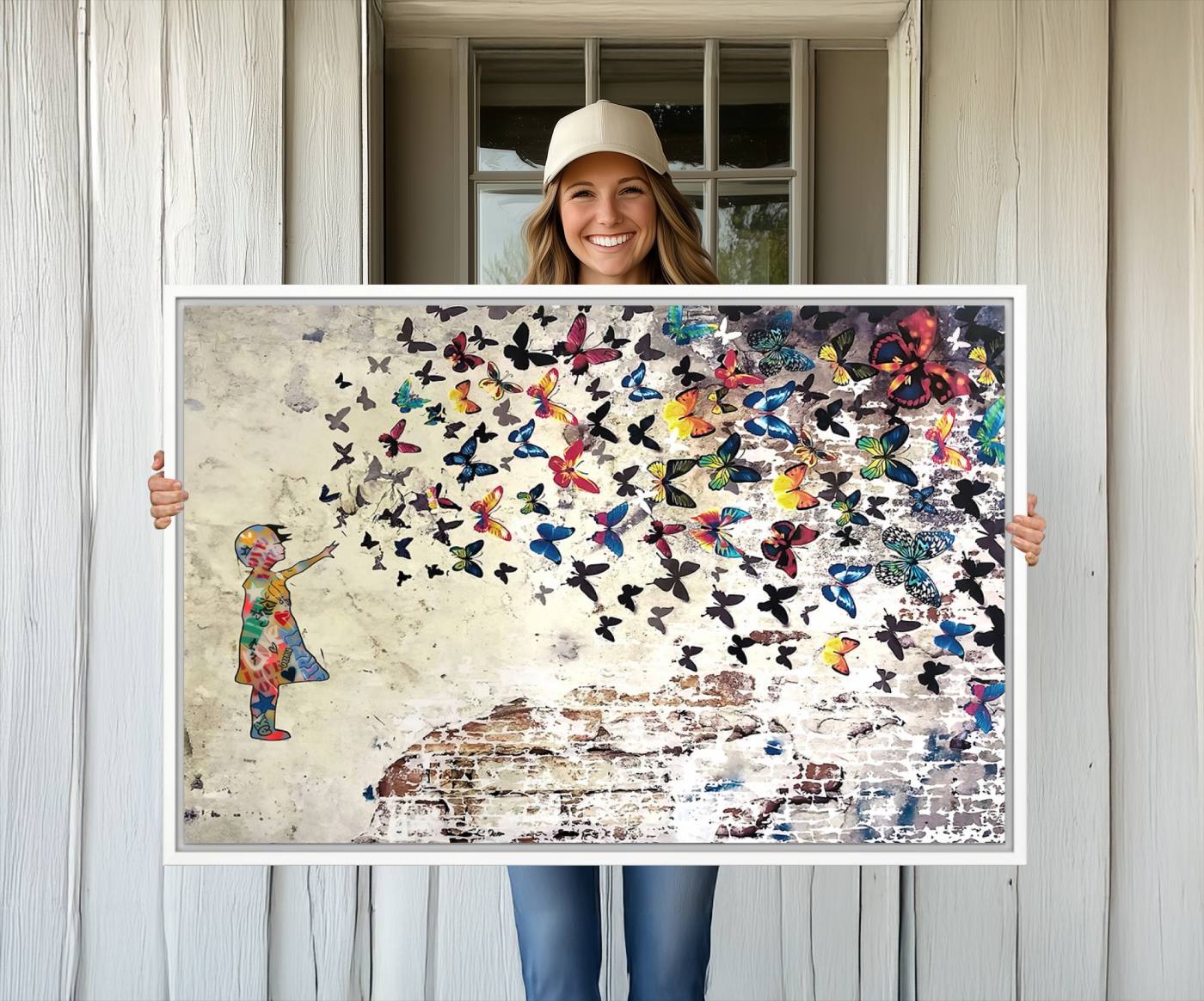 65208-MGV-CV-36X24-Banksy Wall Art - Banksy Girl Butterfly Graffiti Wall Art Canvas Print - Butterfly Girl and Freedom Flight - Vibrant Street Art Print