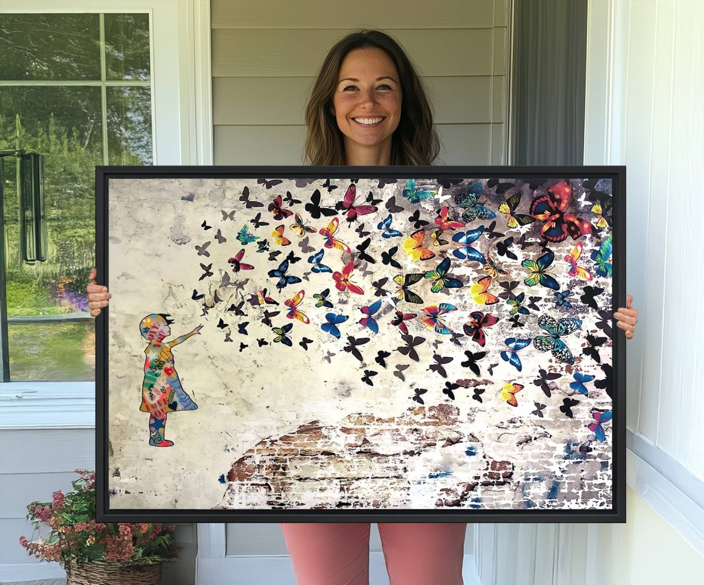 65208-MGV-CV-36X24-Banksy Wall Art - Banksy Girl Butterfly Graffiti Wall Art Canvas Print - Butterfly Girl and Freedom Flight - Vibrant Street Art Print