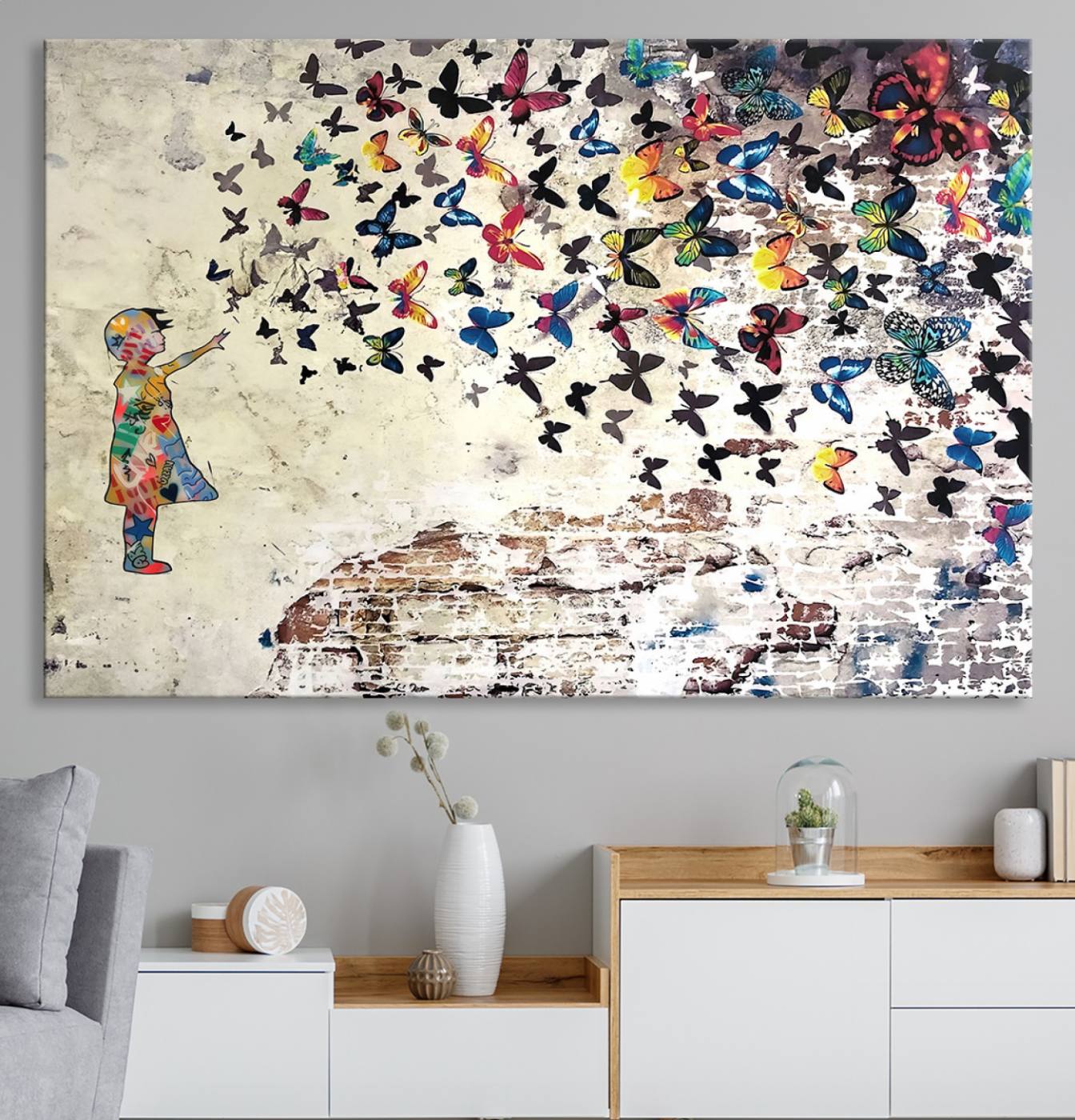 65208-MGV-CV-36X24-Banksy Wall Art - Banksy Girl Butterfly Graffiti Wall Art Canvas Print - Butterfly Girl and Freedom Flight - Vibrant Street Art Print