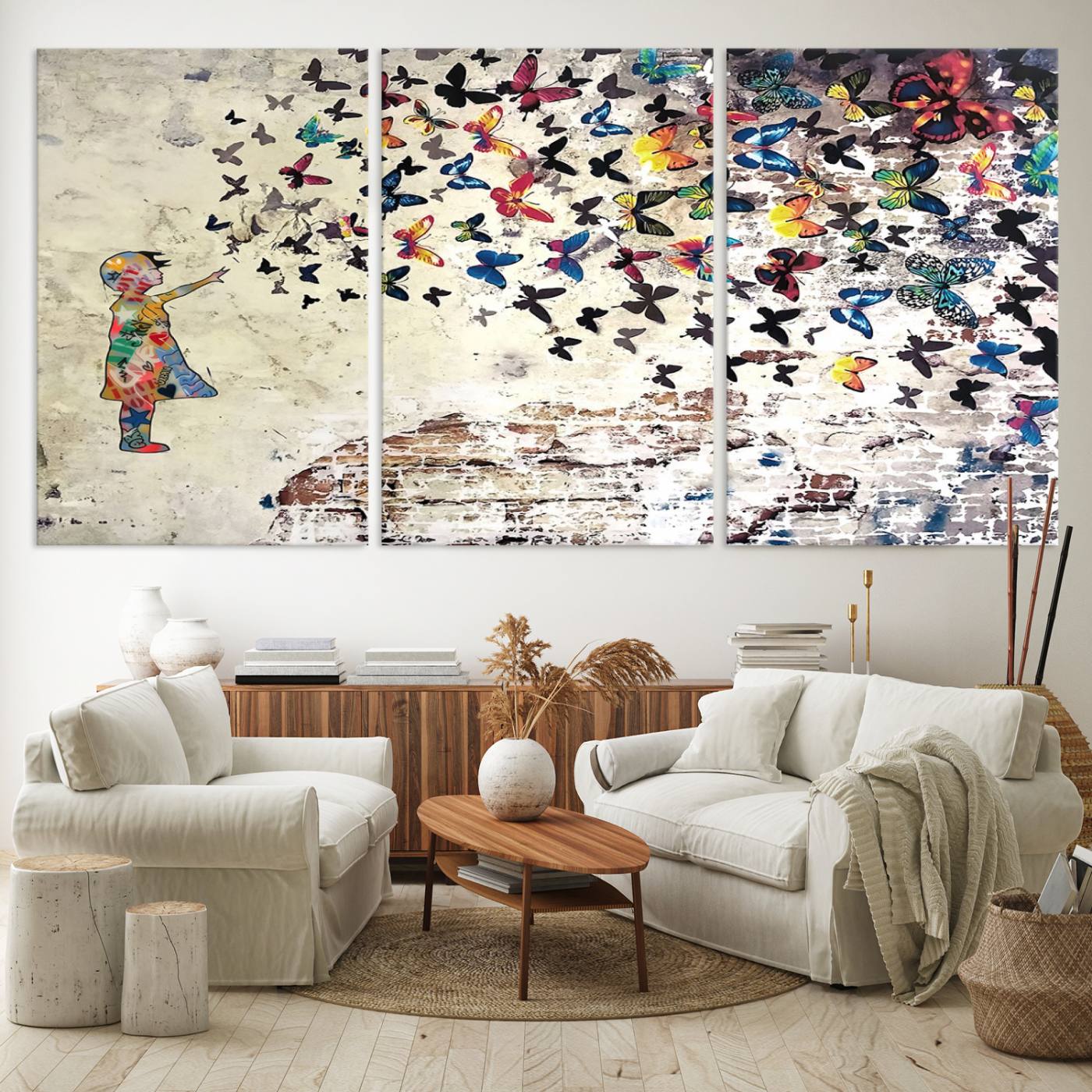Banksy Wall Art - Banksy Girl Butterfly Graffiti Wall Art Canvas Print - Butterfly Girl and Freedom Flight - Vibrant Street Art Print