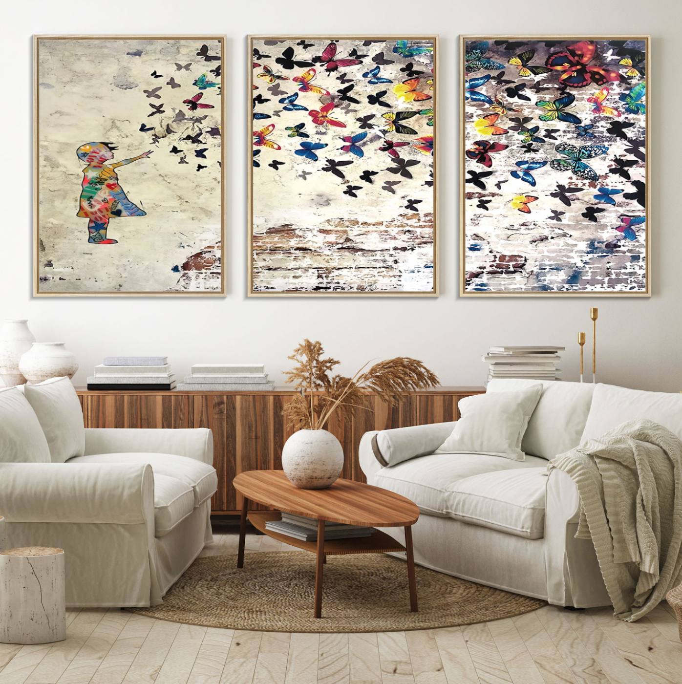 65208-MGV-FC-60X30-3P_Natural-Banksy Wall Art - Banksy Girl Butterfly Graffiti Wall Art Canvas Print - Butterfly Girl and Freedom Flight - Vibrant Street Art Print