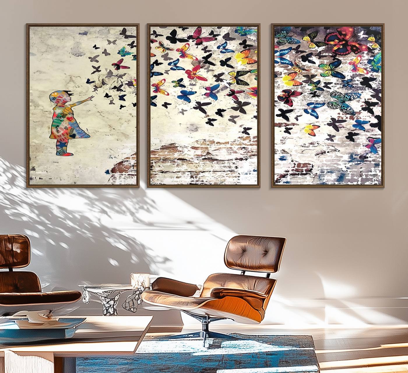 65208-MGV-FC-60X30-3P_Walnut-Banksy Wall Art - Banksy Girl Butterfly Graffiti Wall Art Canvas Print - Butterfly Girl and Freedom Flight - Vibrant Street Art Print