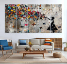 40269-MGV-CV-36X24-Banksy Wall Art - Banksy Girl and Butterfly Explosion Wall Art Canvas Print | Girl with Butterflies Abstract Artwork