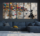 40269-MGV-CV-36X24-Banksy Wall Art - Banksy Girl and Butterfly Explosion Wall Art Canvas Print | Girl with Butterflies Abstract Artwork