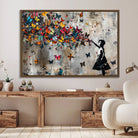 40269-MGV-CV-36X24-Banksy Wall Art - Banksy Girl and Butterfly Explosion Wall Art Canvas Print | Girl with Butterflies Abstract Artwork