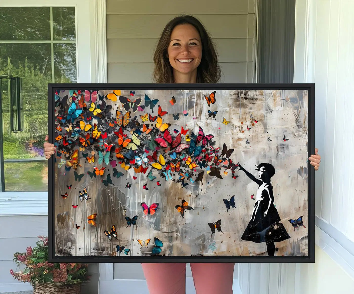 40269-MGV-CV-36X24-Banksy Wall Art - Banksy Girl and Butterfly Explosion Wall Art Canvas Print | Girl with Butterflies Abstract Artwork