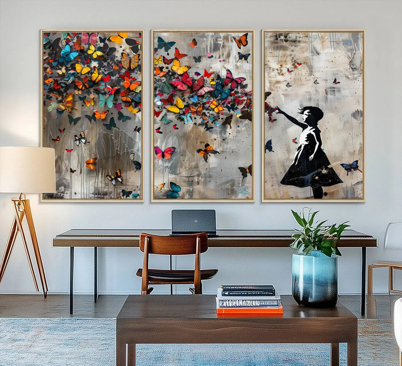 40269-MGV-CV-36X24-Banksy Wall Art - Banksy Girl and Butterfly Explosion Wall Art Canvas Print | Girl with Butterflies Abstract Artwork