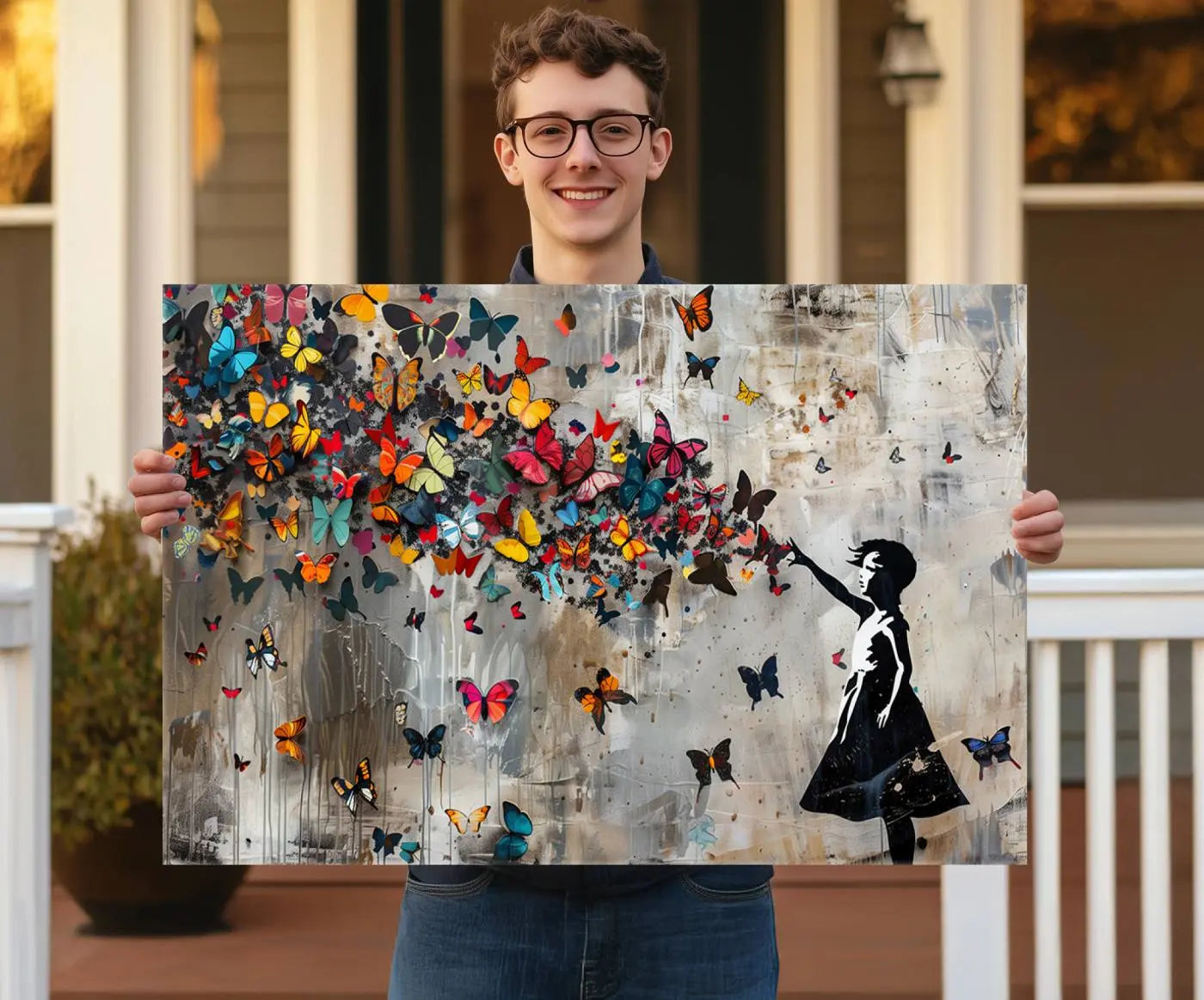 40269-MGV-CV-36X24-Banksy Wall Art - Banksy Girl and Butterfly Explosion Wall Art Canvas Print | Girl with Butterflies Abstract Artwork