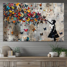 40269-MGV-CV-36X24-Banksy Wall Art - Banksy Girl and Butterfly Explosion Wall Art Canvas Print | Girl with Butterflies Abstract Artwork