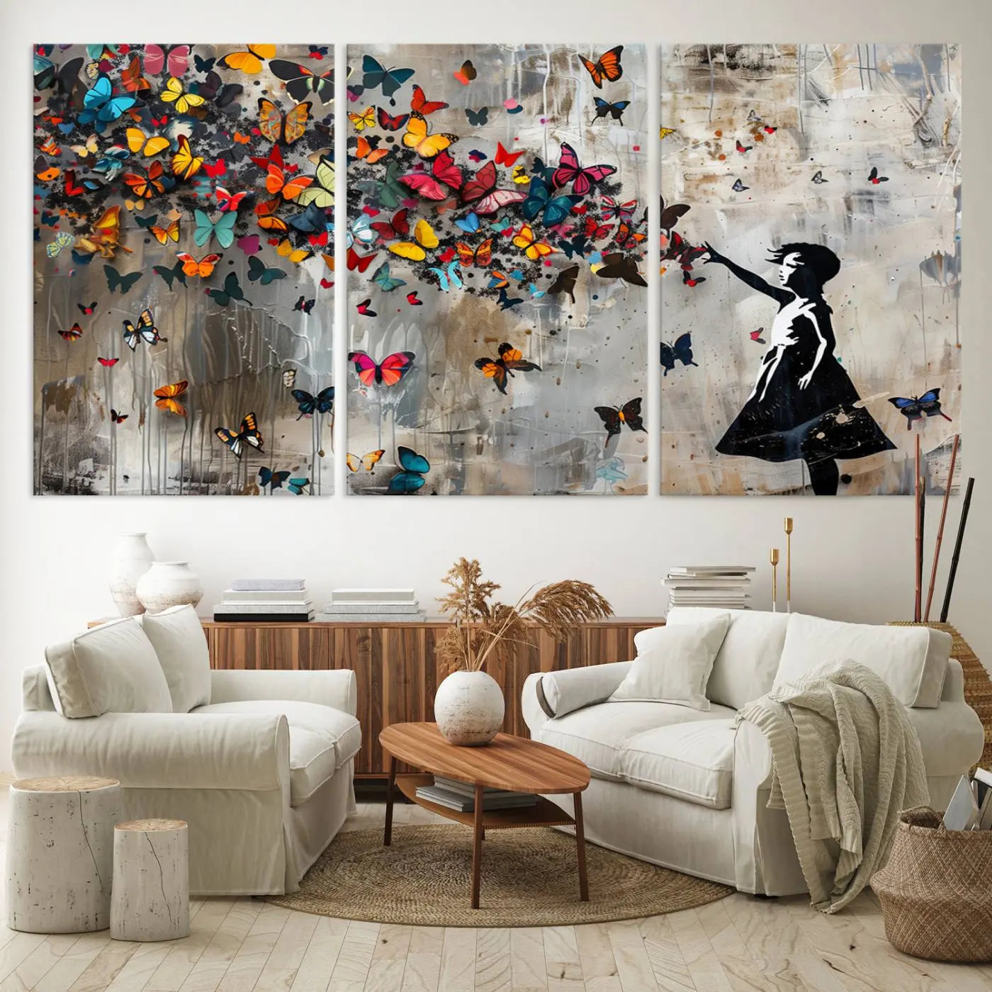 Banksy Wall Art - Banksy Girl and Butterfly Explosion Wall Art Canvas Print | Girl with Butterflies Abstract Artwork