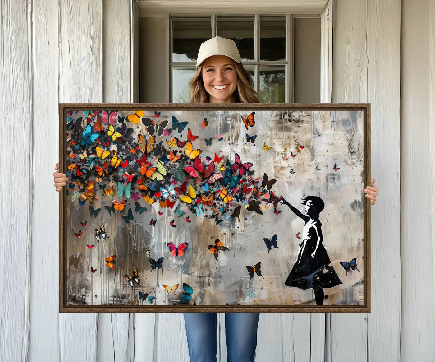 40269-MGV-FC-36X24_Walnut-Banksy Wall Art - Banksy Girl and Butterfly Explosion Wall Art Canvas Print | Girl with Butterflies Abstract Artwork