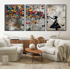 40269-MGV-FC-60X30-3P_Black-Banksy Wall Art - Banksy Girl and Butterfly Explosion Wall Art Canvas Print | Girl with Butterflies Abstract Artwork
