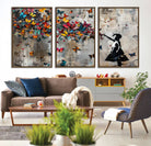 40269-MGV-FC-60X30-3P_Walnut-Banksy Wall Art - Banksy Girl and Butterfly Explosion Wall Art Canvas Print | Girl with Butterflies Abstract Artwork