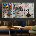 40269-MGV-FC-60X30-3P_White-Banksy Wall Art - Banksy Girl and Butterfly Explosion Wall Art Canvas Print | Girl with Butterflies Abstract Artwork