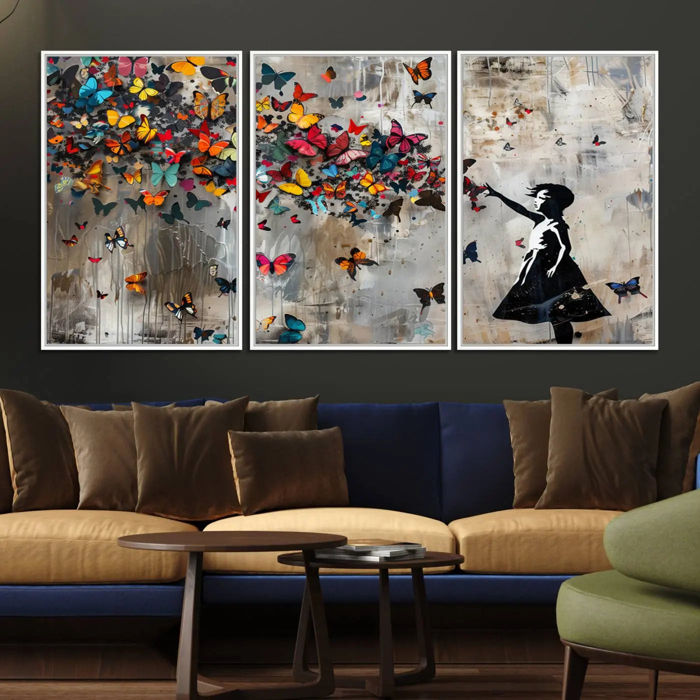 40269-MGV-FC-60X30-3P_White-Banksy Wall Art - Banksy Girl and Butterfly Explosion Wall Art Canvas Print | Girl with Butterflies Abstract Artwork